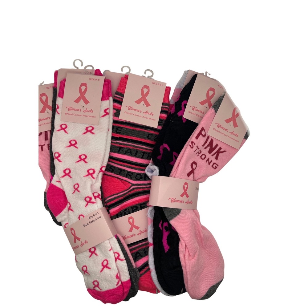 9;Pair Breast Cancer Awareness Socks Womens Pink Ribbon‎ Faith Hope Pink Strong